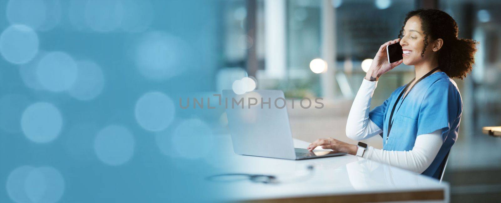 Laughing, woman or phone call with bokeh copy space, mockup or mock up for night networking or medical consulting. Talking, healthcare or happy nurse on mobile technology for hospital communication.