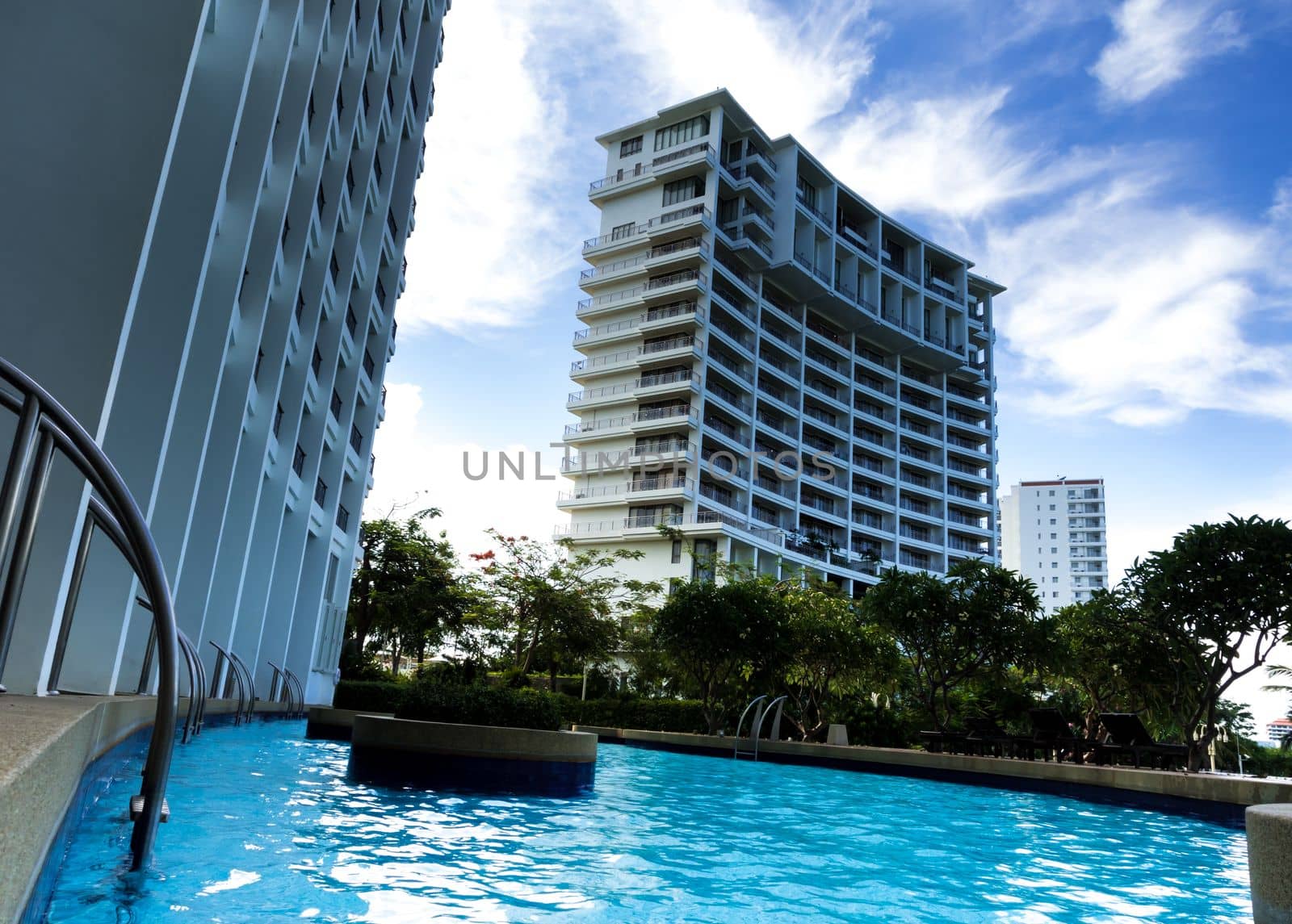 A Low Vantage Point to the high rise building view from the swimming pool