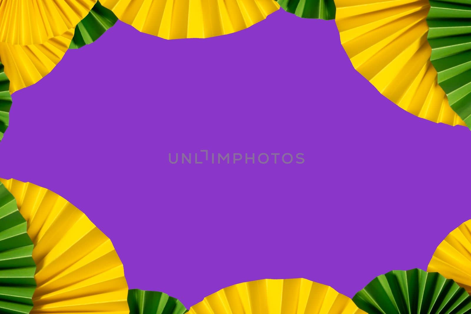 Mardi gras festive traditional color background. Abstract background yellow, green, purple. Paper fans Mardi gras celebration