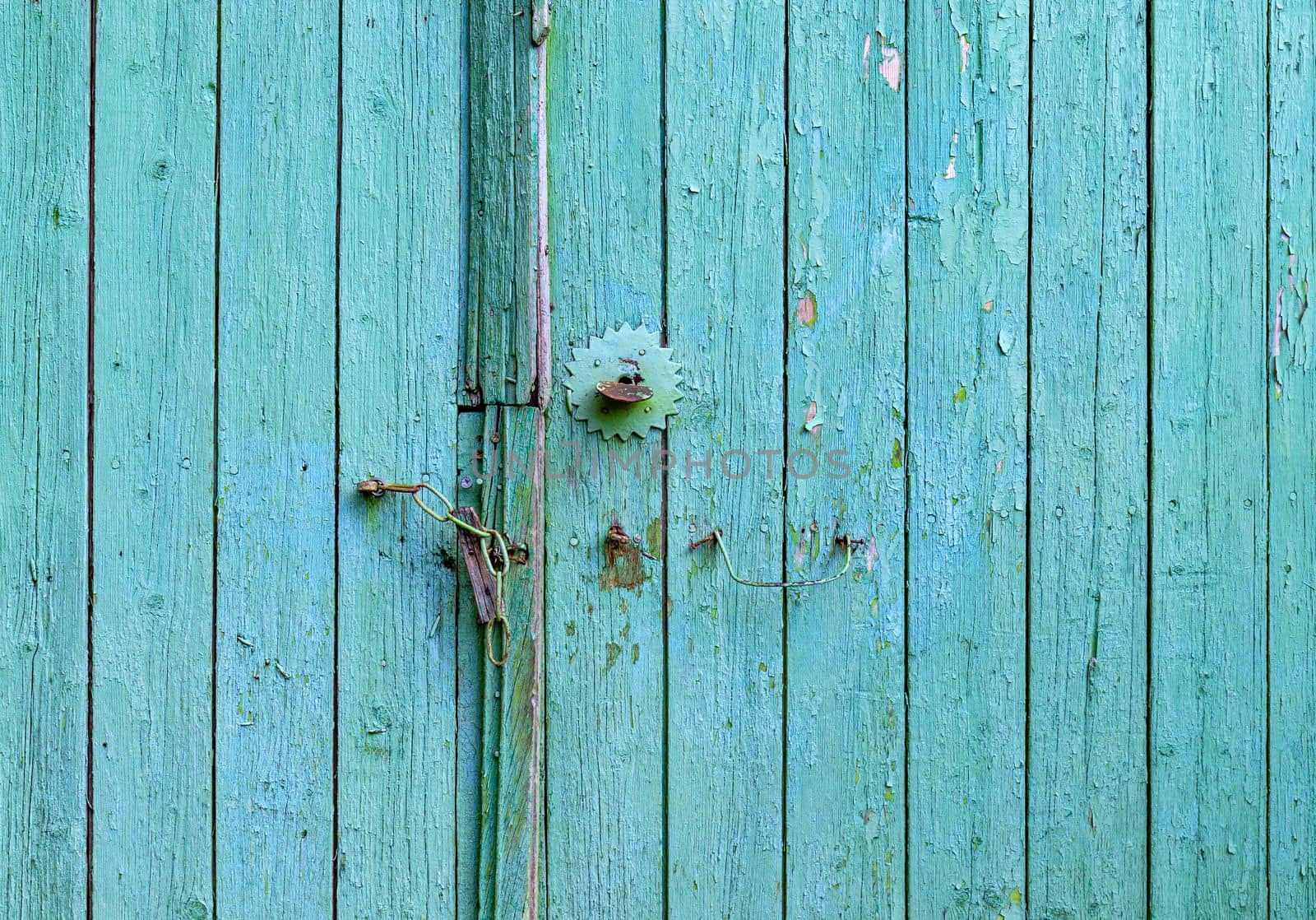 Old turquoise painted wood gate. Closed door background 