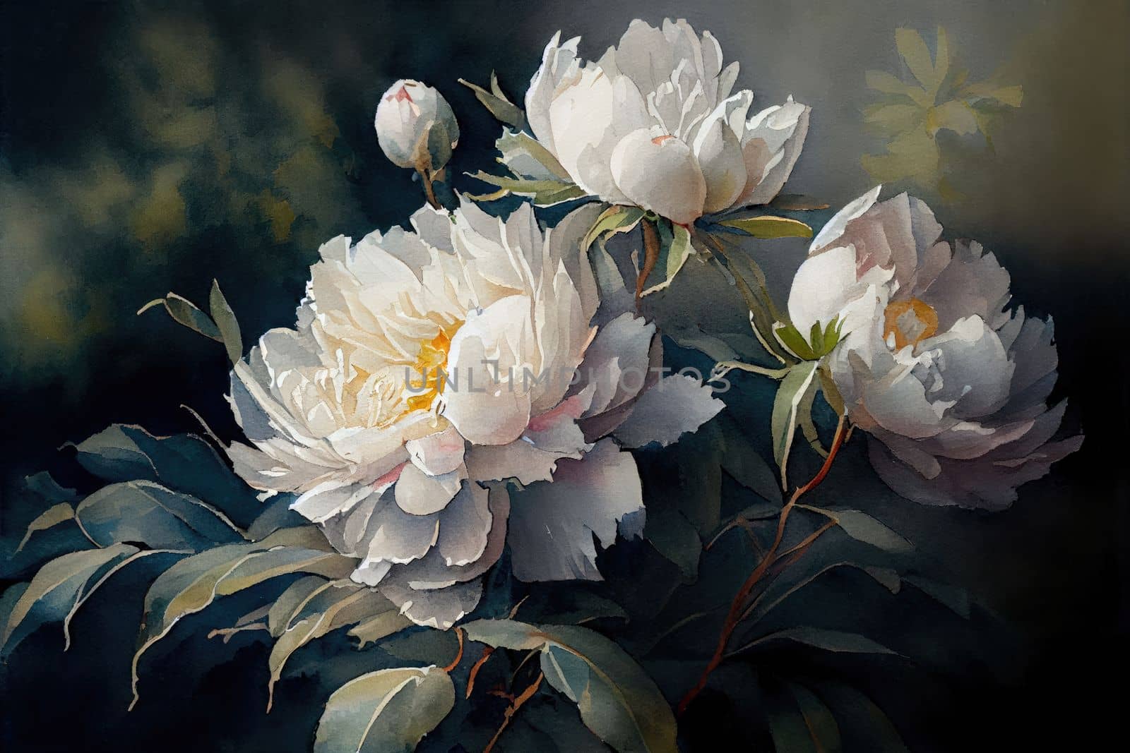 beautiful painted picture of white peonies by studiodav