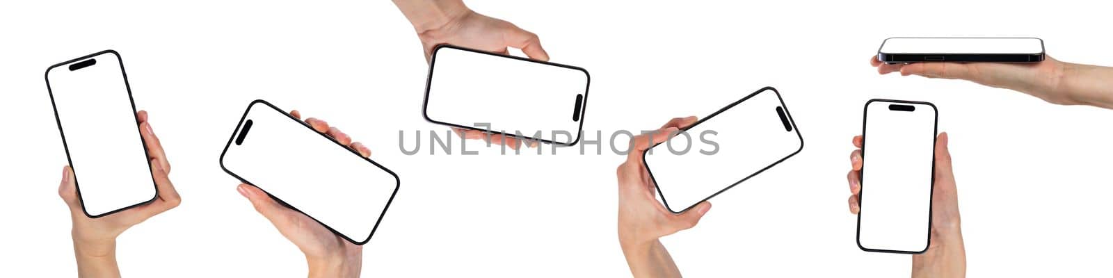 Phone in hand, set. Modern, new phone in hand isolated on white background from different angles. Mockup set, smartphones in hands from different sides to be inserted into the project.