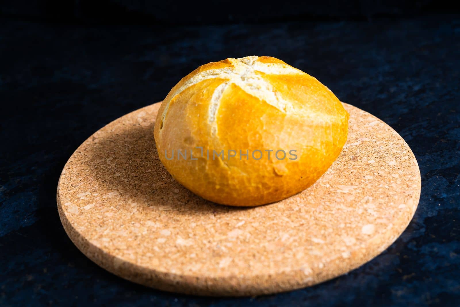 Fresh white bread and milk in white glass on black stone table background. Top view, croissant by Zelenin