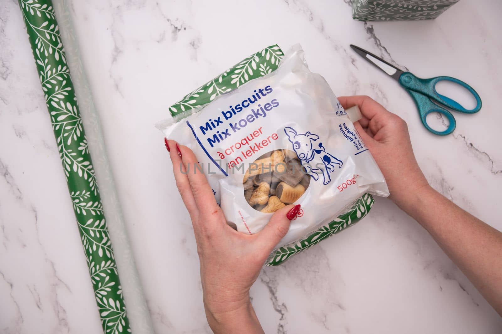 wrapped in a beautiful festive package gift for a pet delicious treats, High quality photo