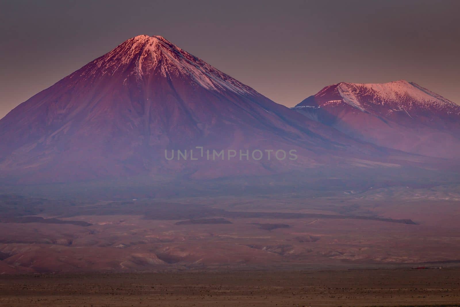Licancabur and Peaceful dramatic volcanic landscape at Sunset, Atacama Desert, Chile