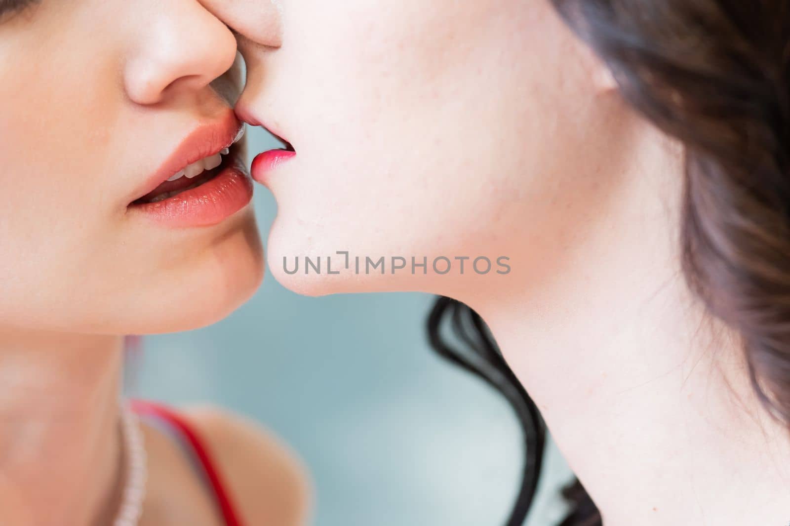 Close-up portrait of kissing Caucasian women. same sex love