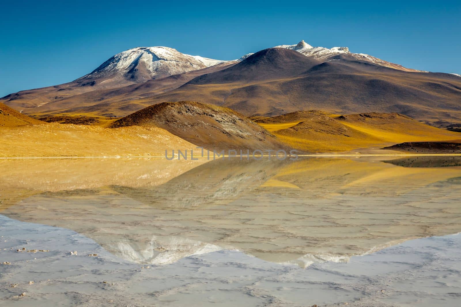 Salt lake reflection and idyllic volcanic landscape at sunrise, Atacama desert, Chile border with Bolivia