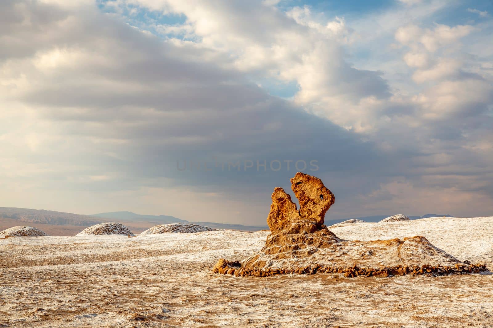 Peaceful Moon Valley dramatic landscape at Sunset, Atacama Desert, Chile