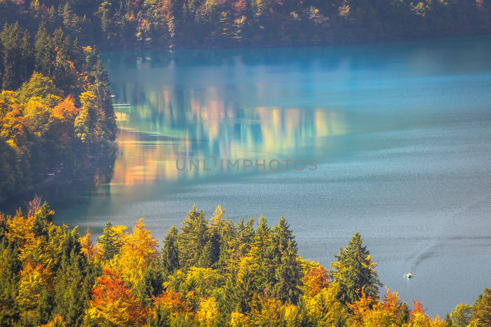 Alpsee Lake reflection in Bavarian alps at golden autumn, Karwendel mountains, Bavaria, Germany border with Austria