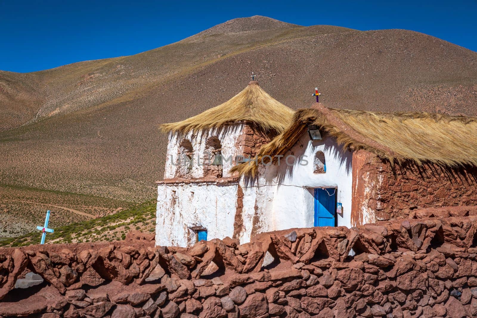 Chapel in El Tatio Machuca in Atacama desert altiplano at sunny day, Chile, South America