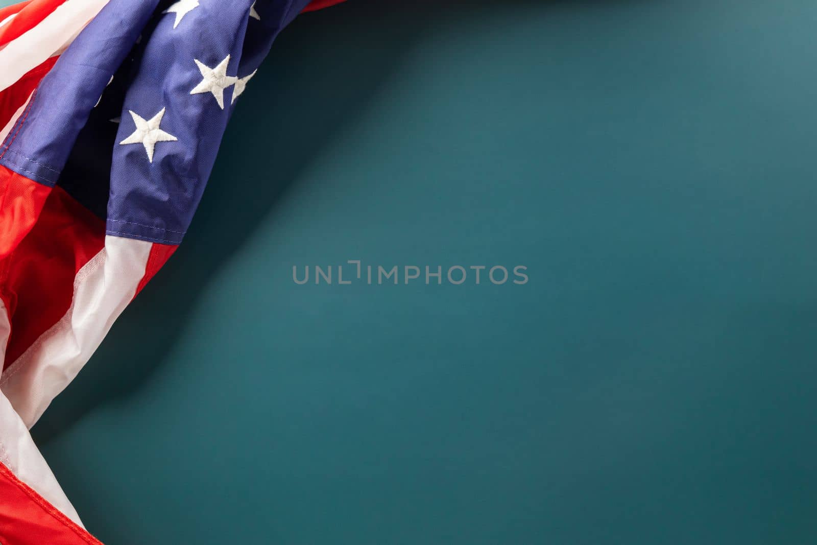 Above flag of United States American with copy space, Presidents Day, Top view USA flag for Memorial day on abstract blue background, Banner template design of presidents day concept