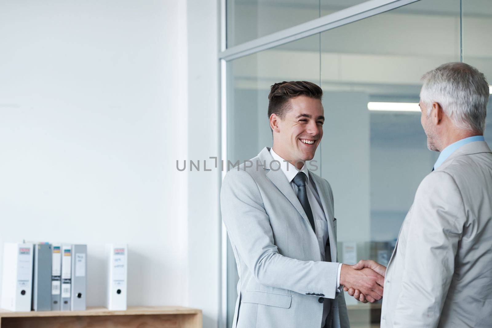 Nice doing business with you. Two businessmen shaking hands with copyspace