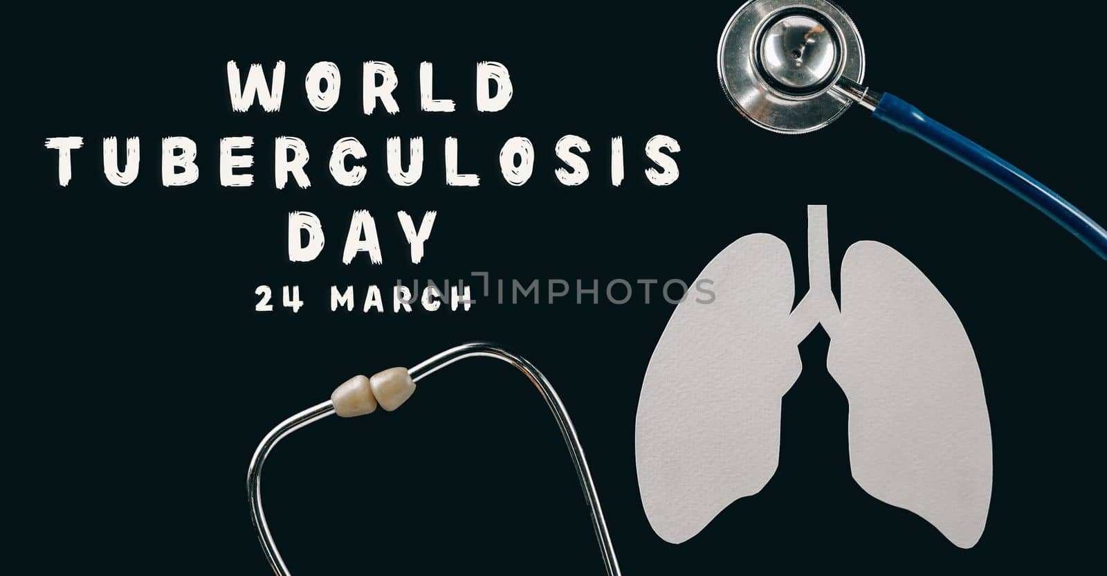 World TB Day. Top view of lungs paper symbol and medical stethoscope on black background, copy space, lung cancer awareness, concept of world tuberculosis day, banner background, pneumonia
