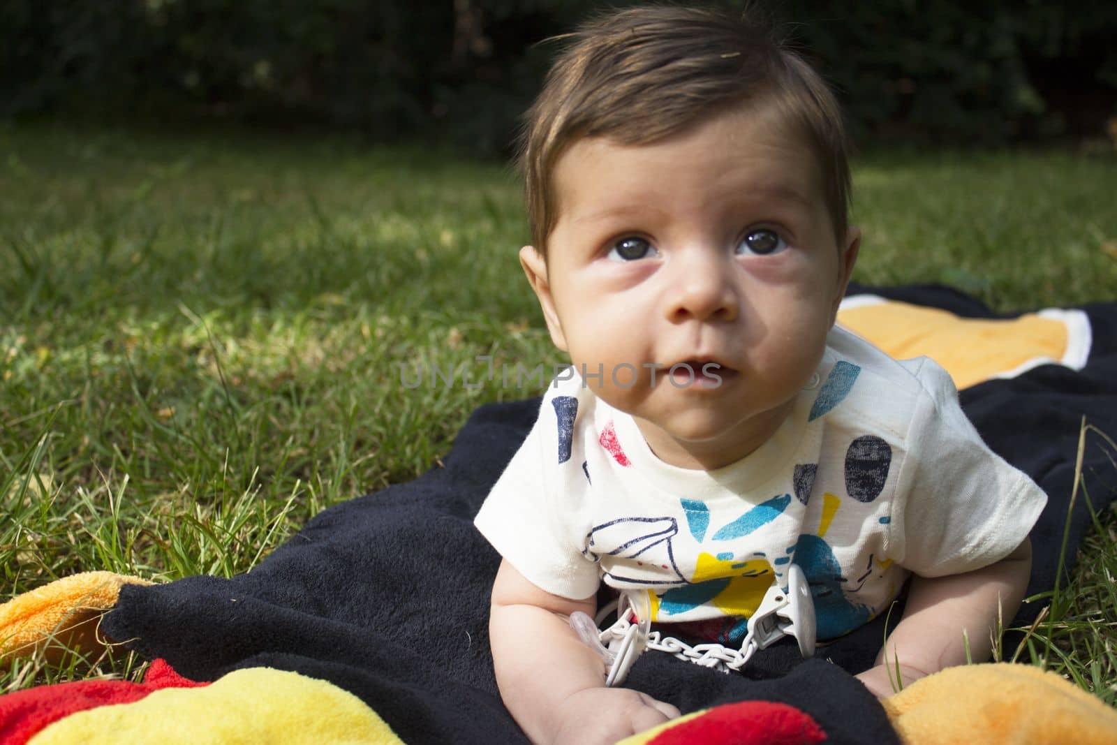 Two month old baby with head up on a towel