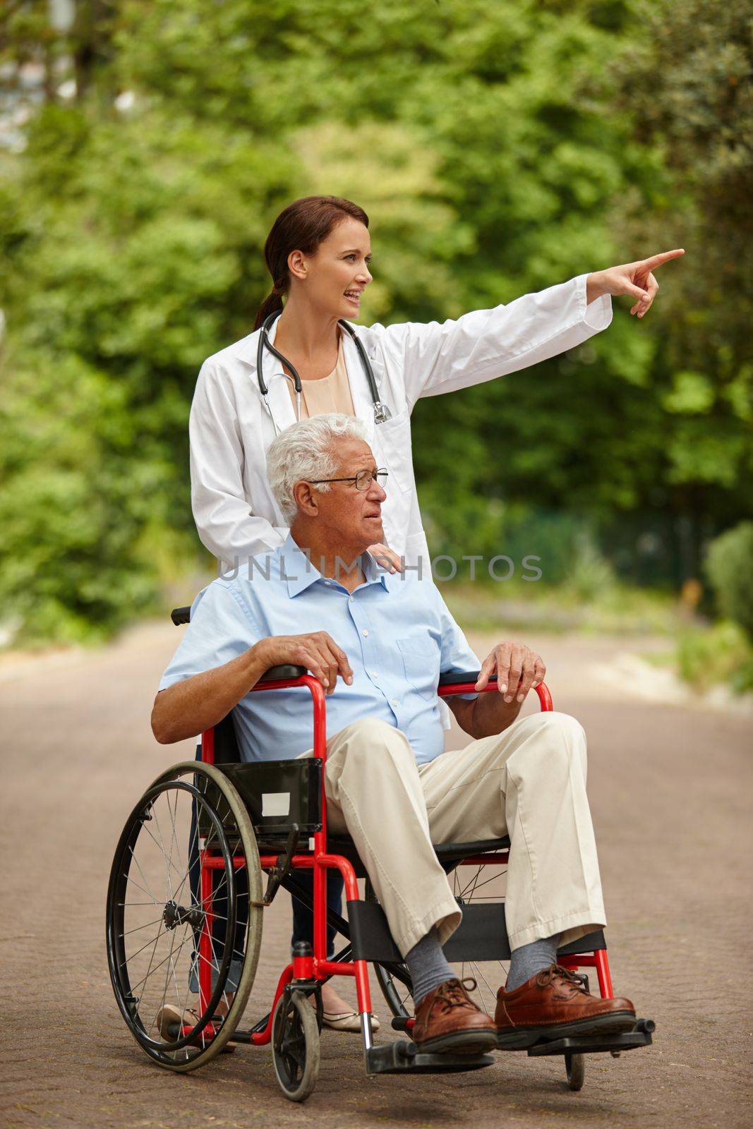 Enjoying the beauty of nature on wheels. a female doctor taking her senior patient for an outing in his wheelchair. by YuriArcurs