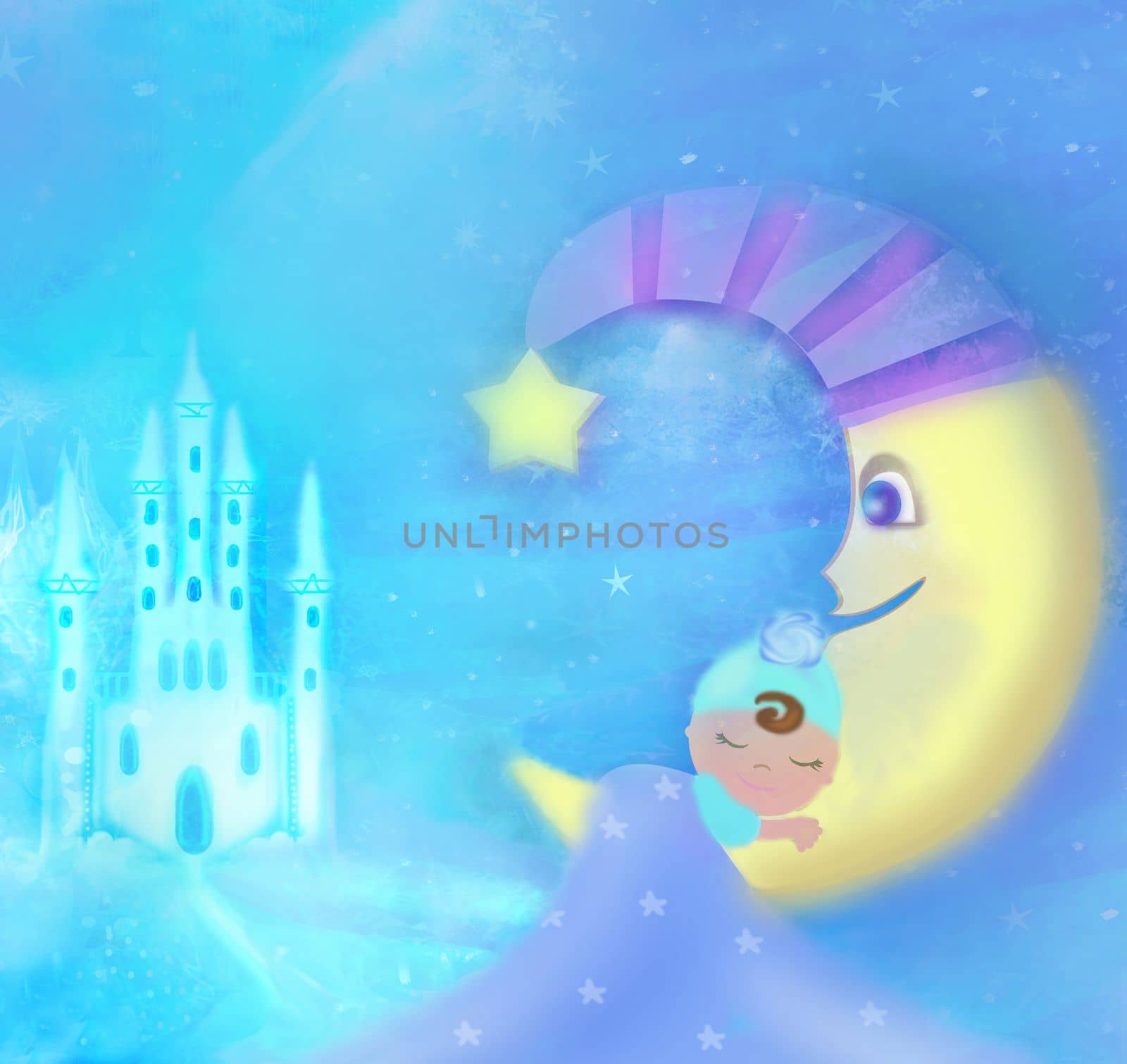 Cute little babe sleeping on moon and dreams of a fairy-tale land illustration by JackyBrown