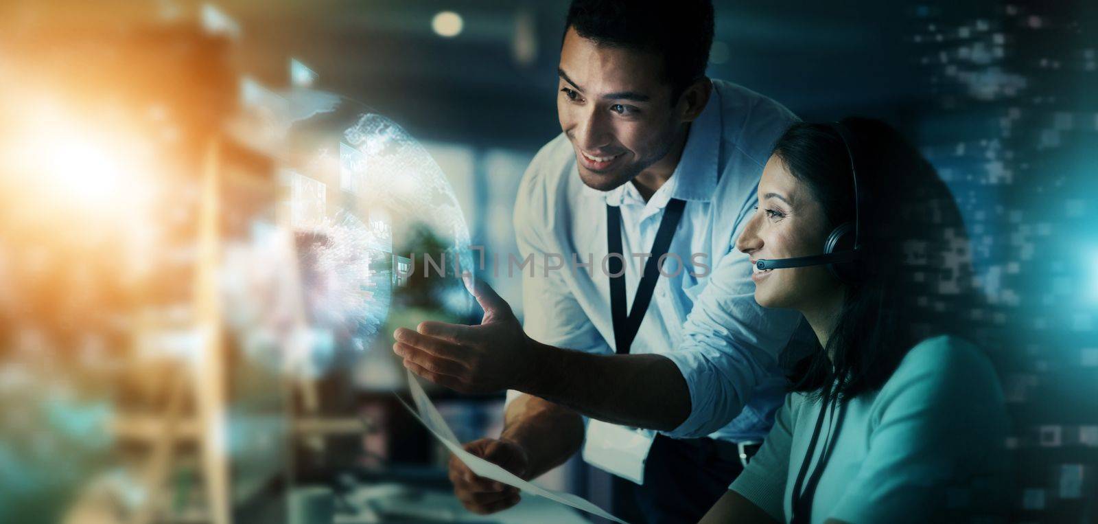 Digital marketing, team and telemarketing in call center for future networking at night in double exposure. Business people or consultants smiling for big data, innovation or global communication by YuriArcurs
