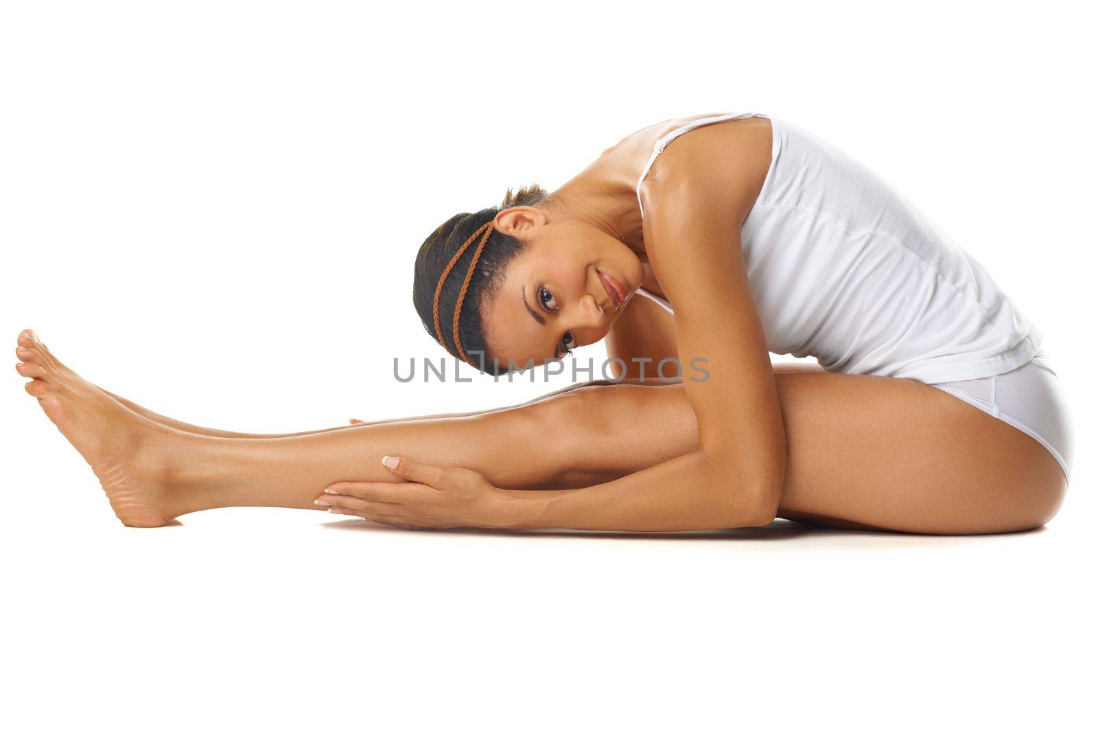 Woman, body and skin with stretching and fitness, wellness and yoga with skincare on white background. Portrait, body care and female in underwear with beauty, cosmetics and pilates with self care.