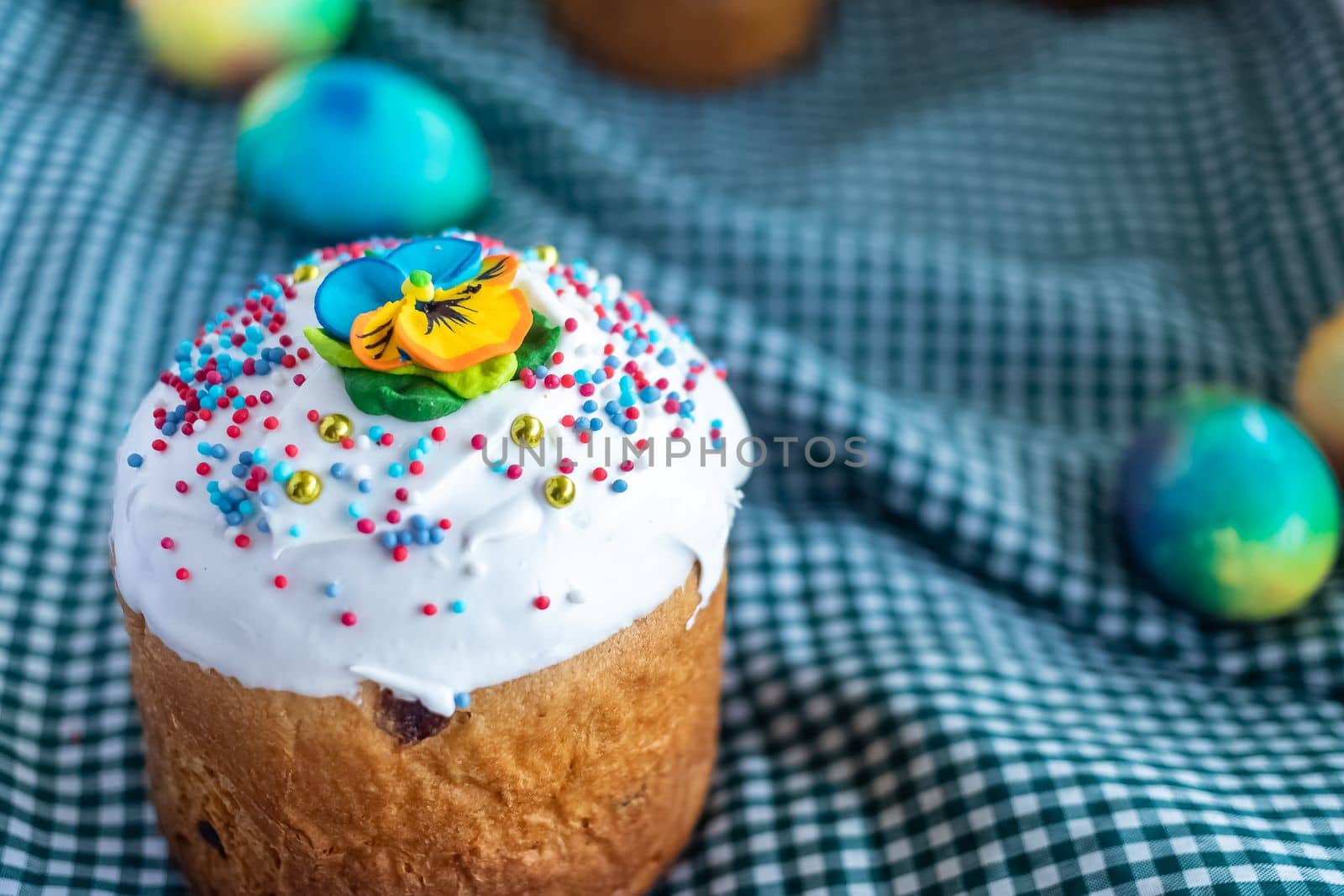 Postcard with Easter bread. Cakes with icing. Spring festival. Kulich. Happy Easter day. Cake with raisins. Christian traditions. Space for text. Copy space. White background
