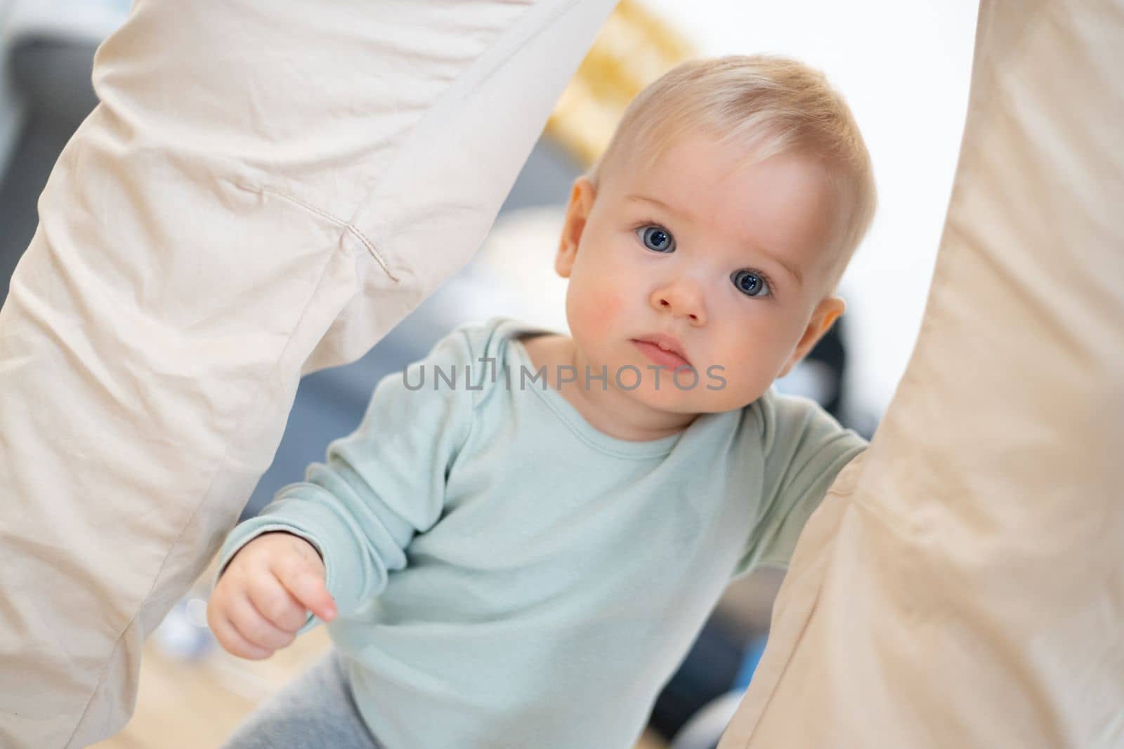 Portrait of adorable curious infant baby boy child taking first steps holding to father's pants at home. Cute baby boy learning to walk