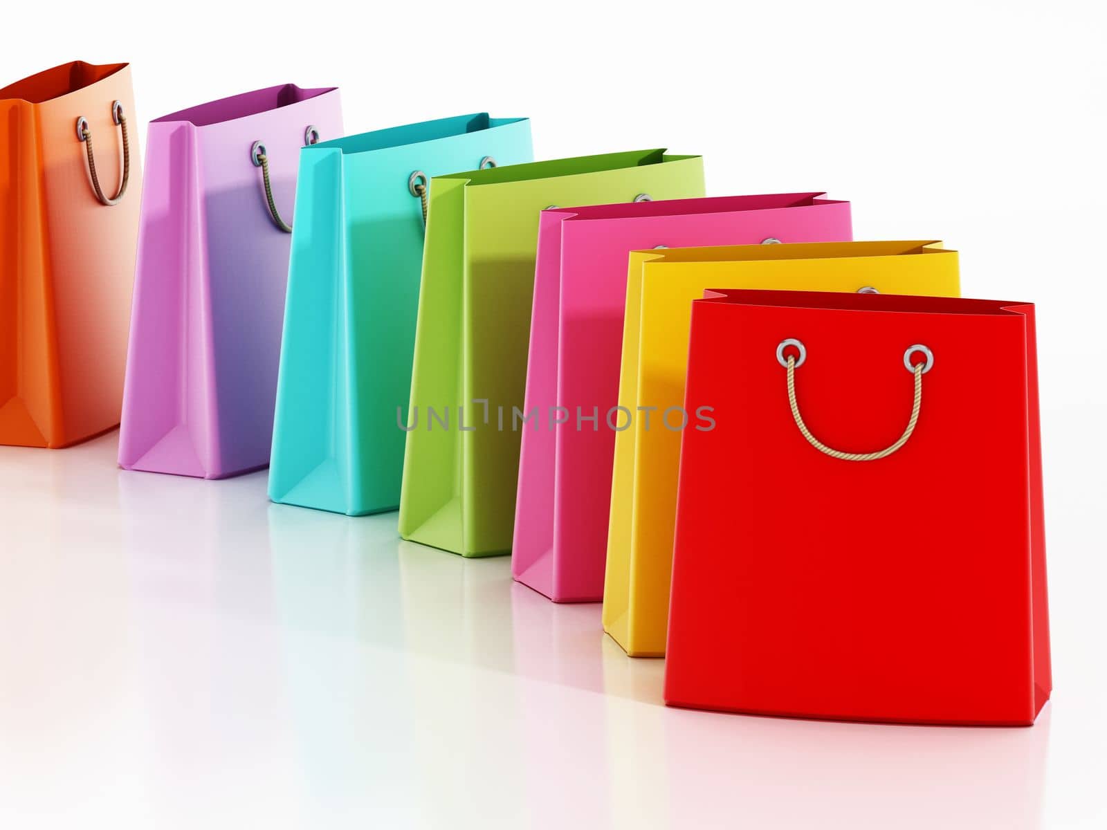 Multi-colored shopping bags isolated on white background. 3D illustration. by Simsek
