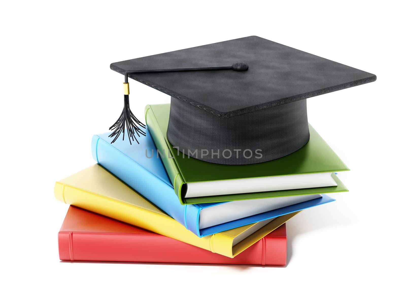 Mortarboard standing on book stack. 3D illustration by Simsek
