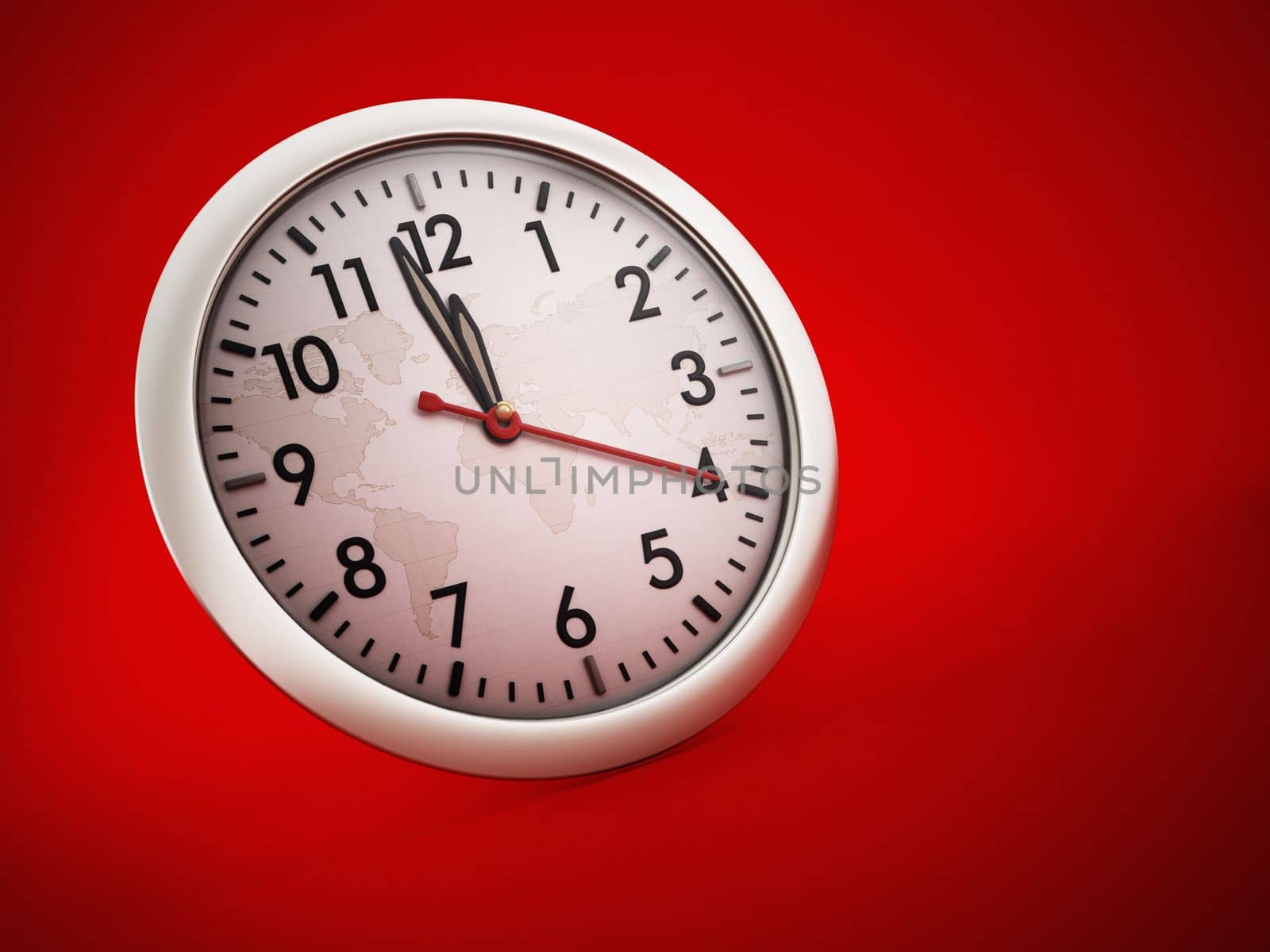 Wall clock on red background. 3D illustration by Simsek