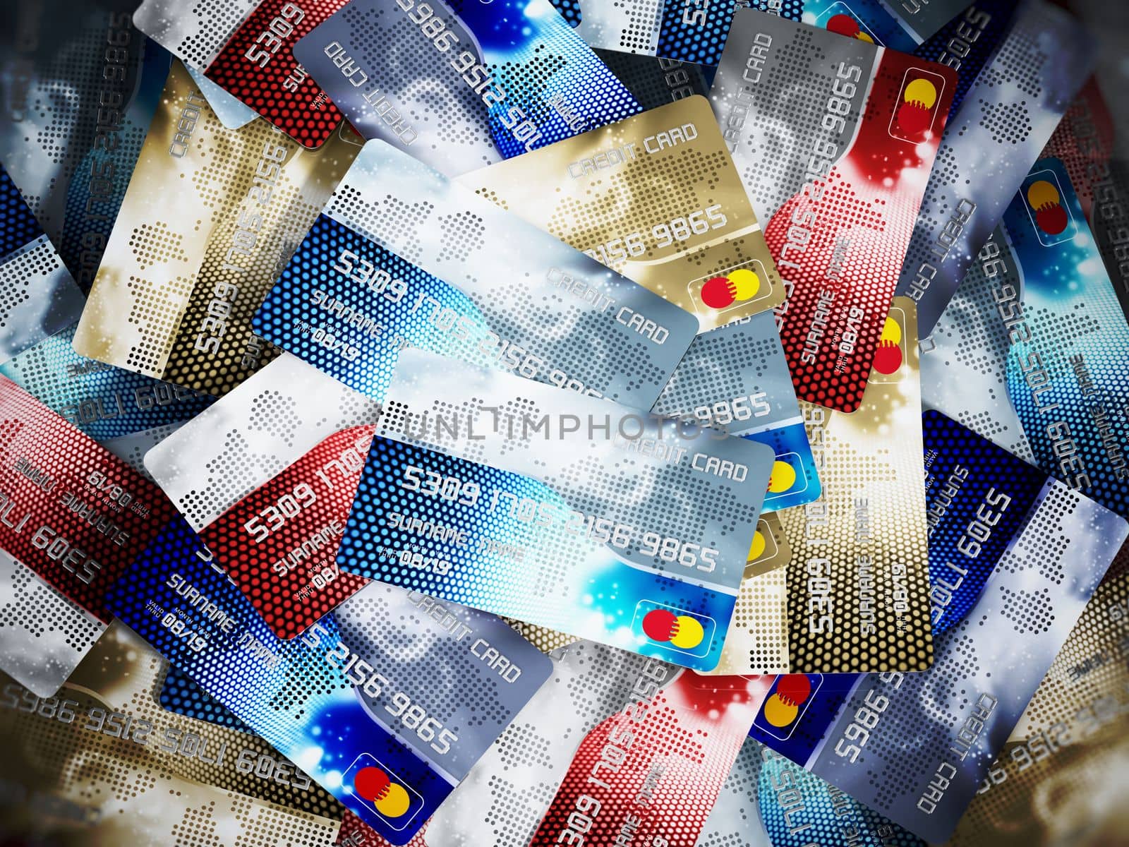 Stack of generic credit card. 3D illustration by Simsek