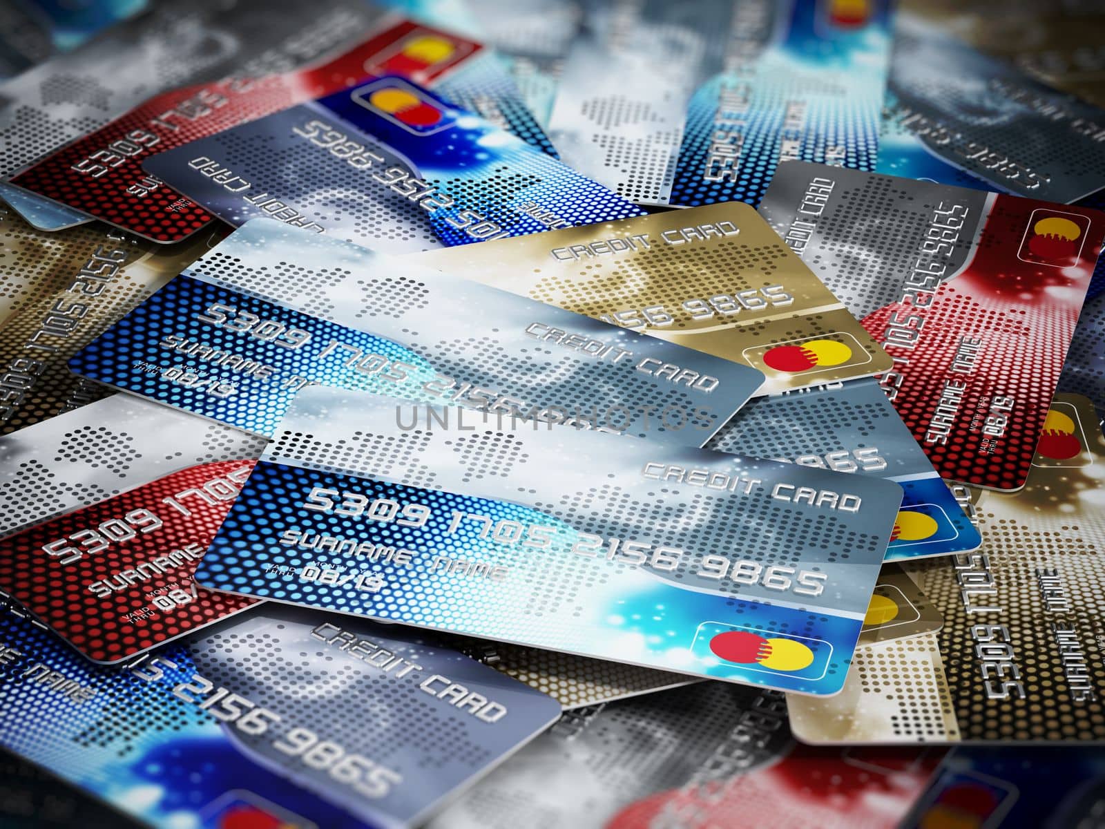 Stack of generic credit card. 3D illustration by Simsek