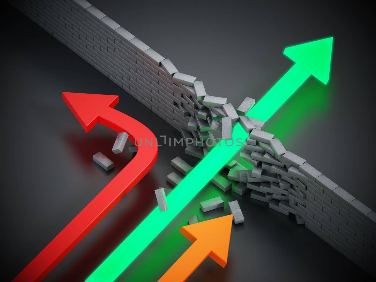 Green arrow breaking the wall and passing to the other side. 3D illustration.