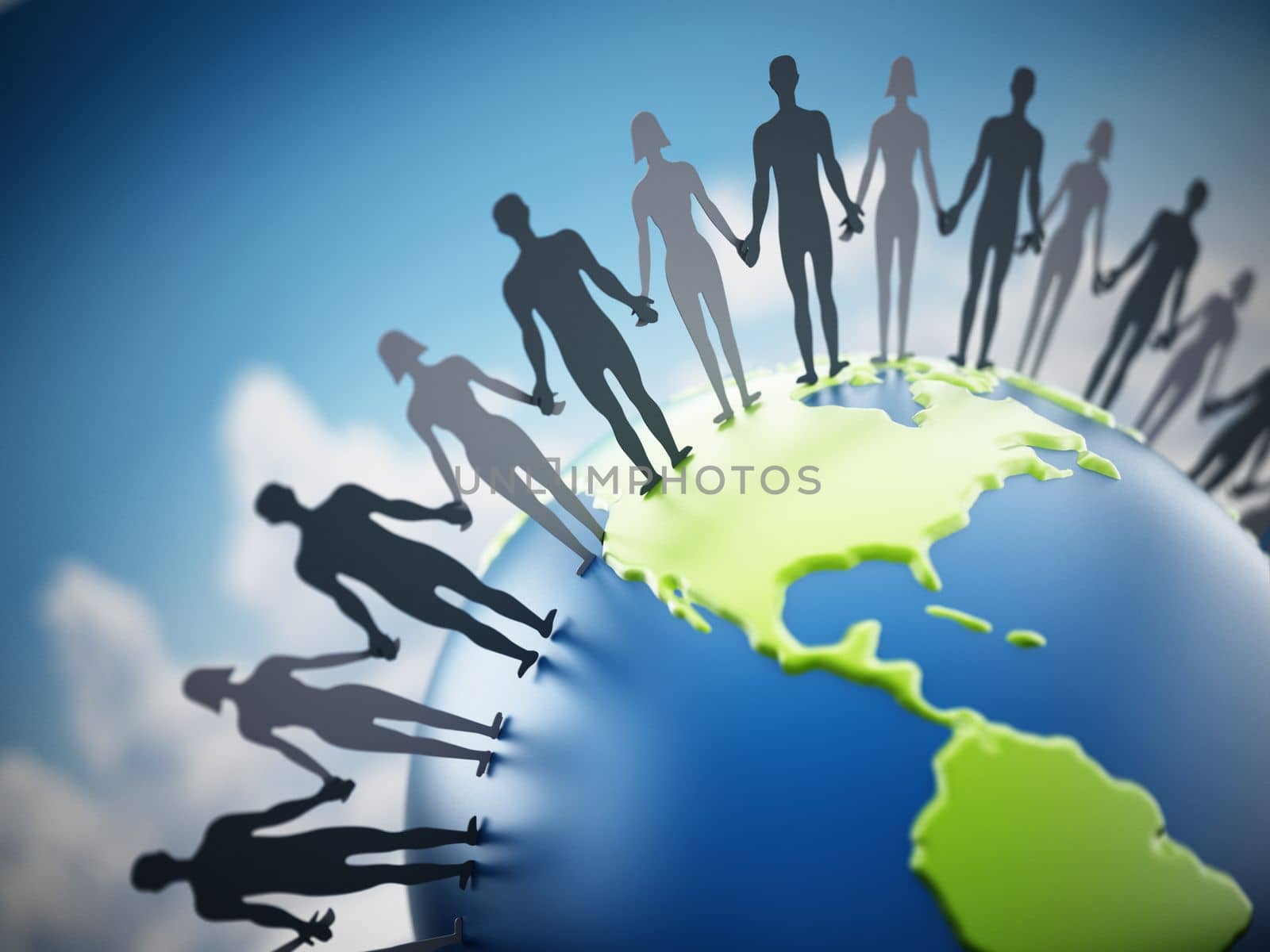 People holding hands around the world. 3D illustration by Simsek
