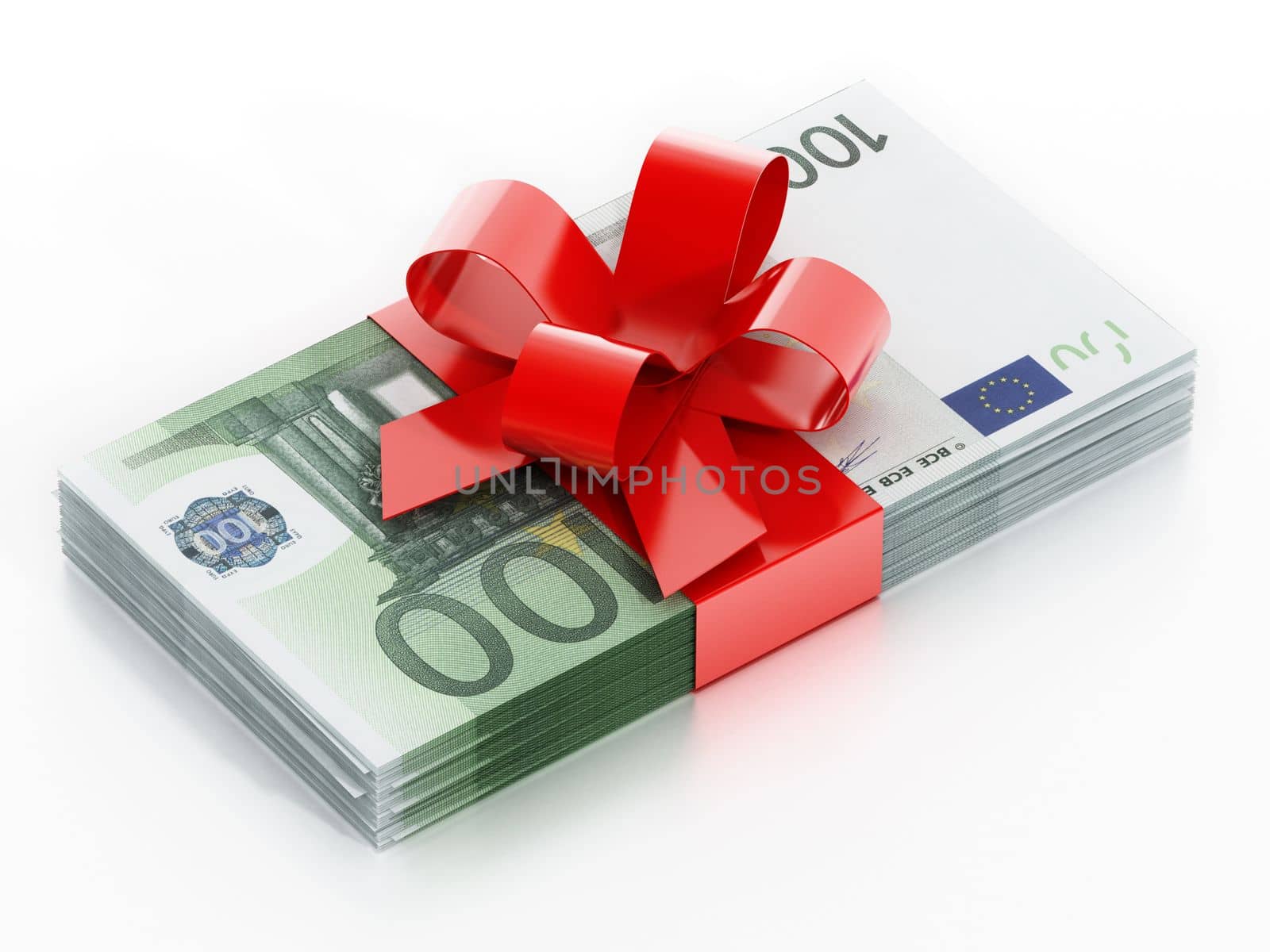 100 euro bills with red ribbon isolated on white background. 3D illustration by Simsek