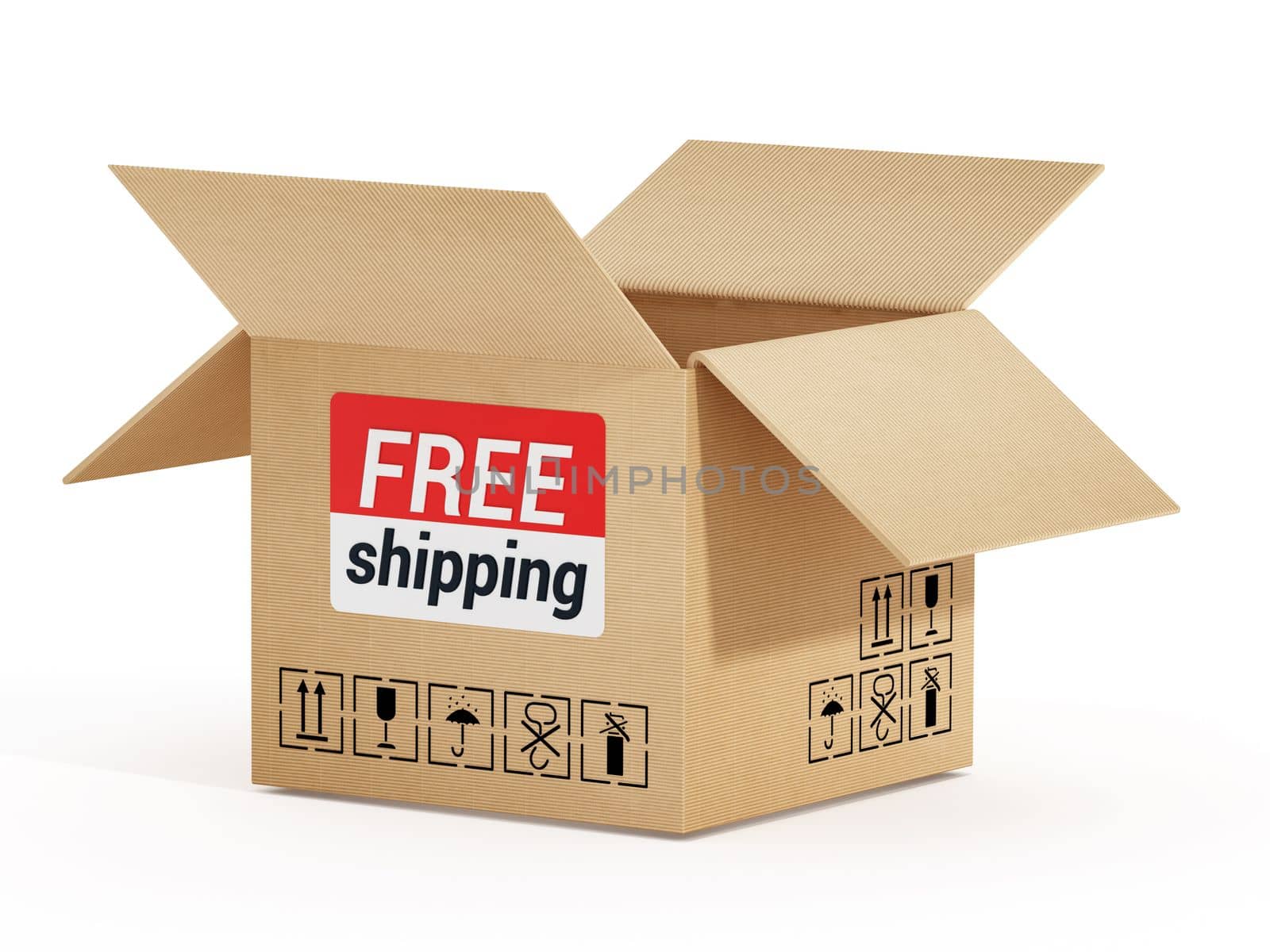 Cardboard box with free shipping text isolated on white background. 3D illustration by Simsek