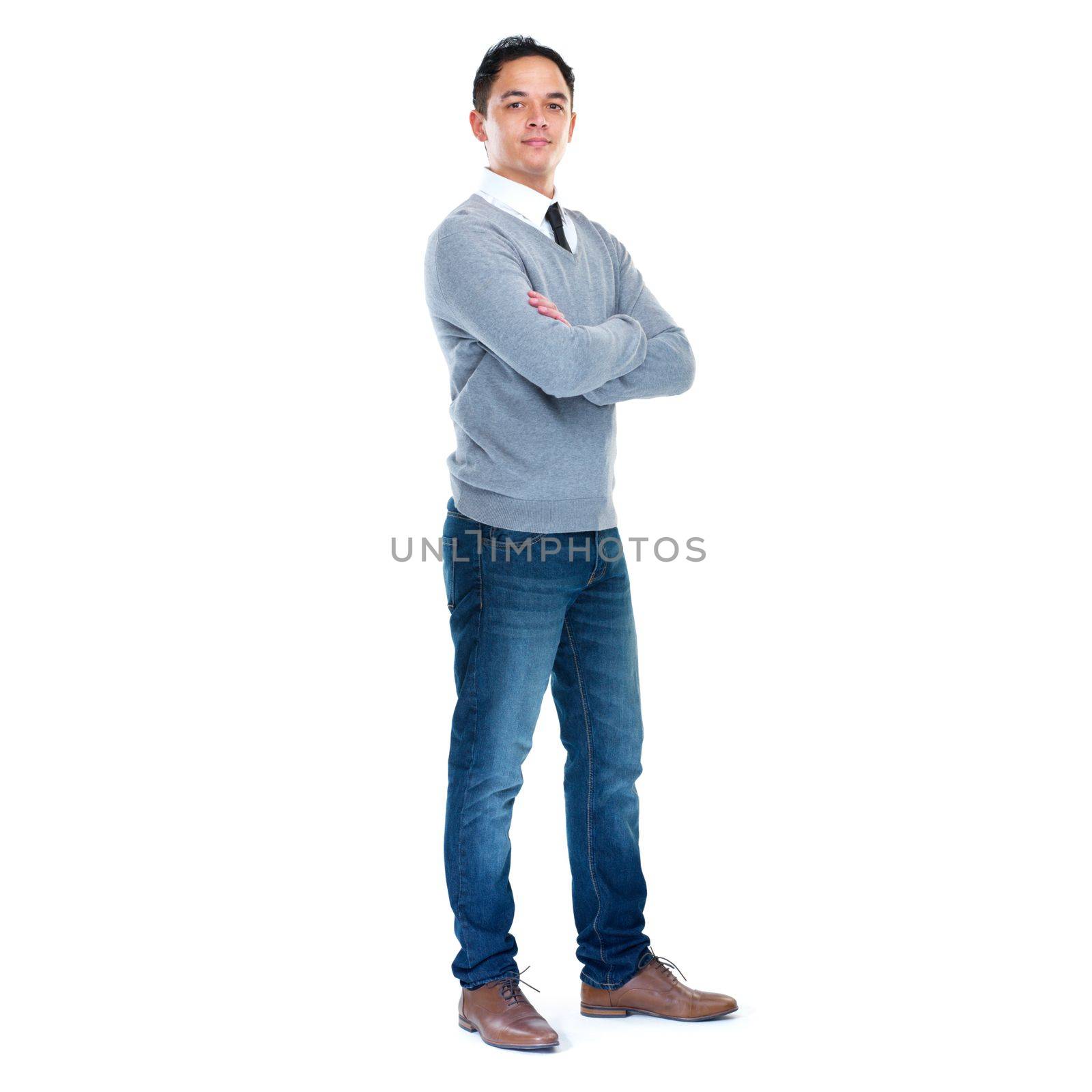 Corporate, fashion and business man on a white background for leadership, motivation and career. Professional worker, success and isolated male entrepreneur with crossed arms for confident attitude by YuriArcurs