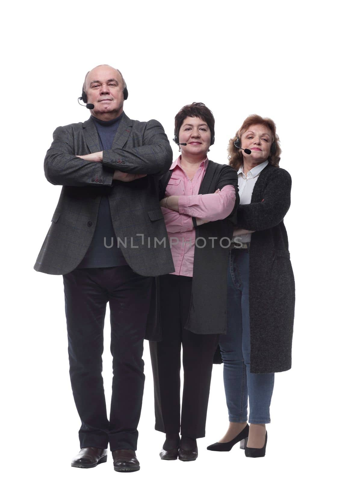 side view. a group of people in a headset looking at you . isolated on a white background