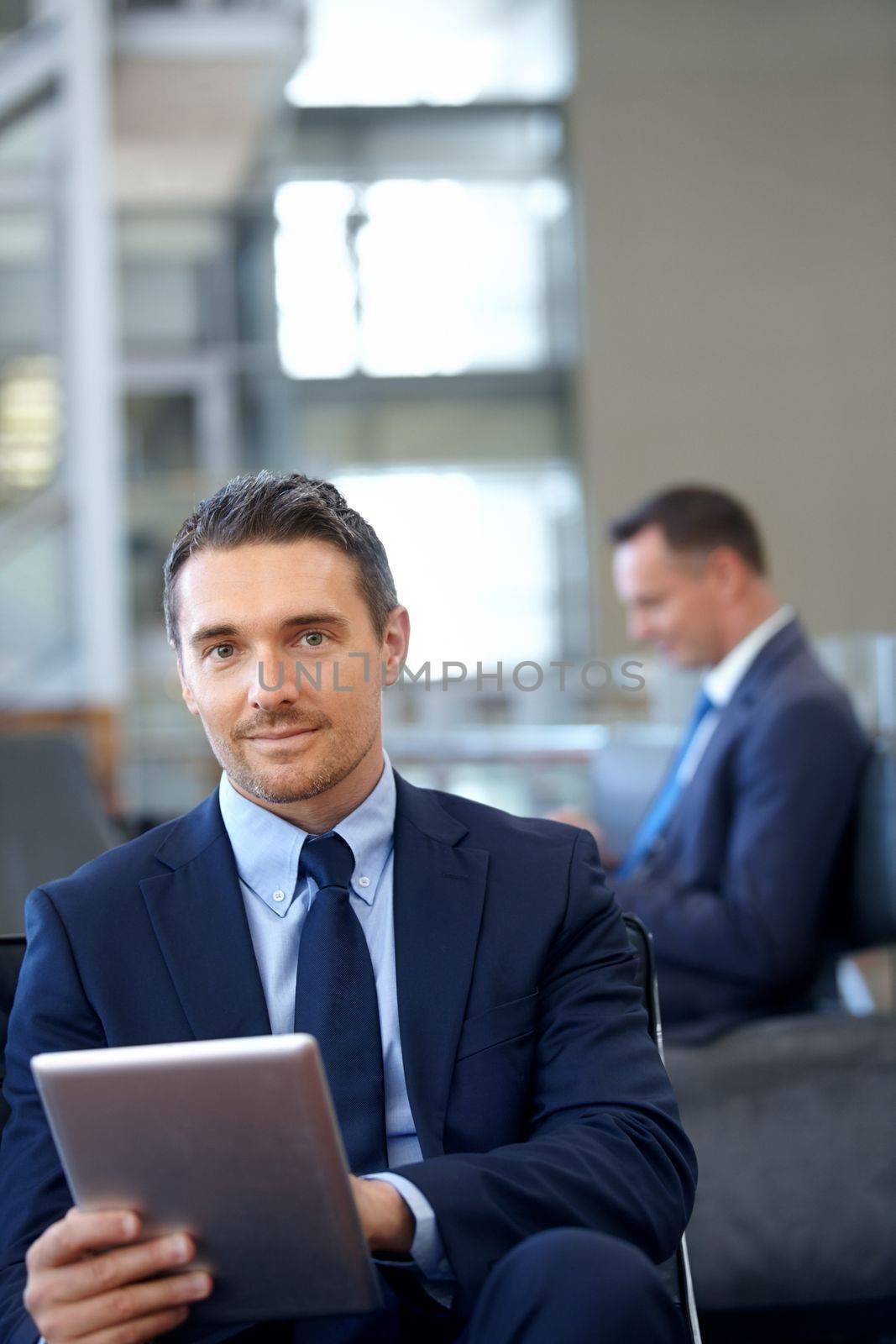 Tablet, Portrait or business man with smile in airport lobby for invest strategy, finance growth or financial success. CEO, travel or manager on tech planning, social media or network blog networking by YuriArcurs