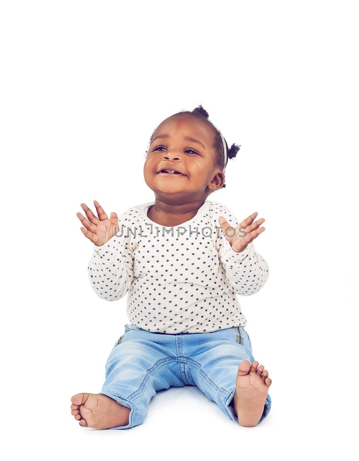 If youre happy and you know it clap your hands. Studio shot of a happy baby girl isolated on white. by YuriArcurs