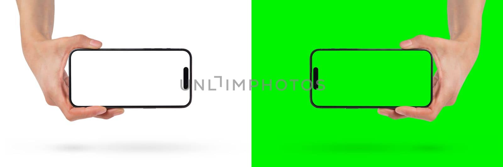 Phone in hand on a white background. A woman's hand holds a new modern phone in her hand on a white background with a blank white screen. Smartphone isolated on green background with green screen