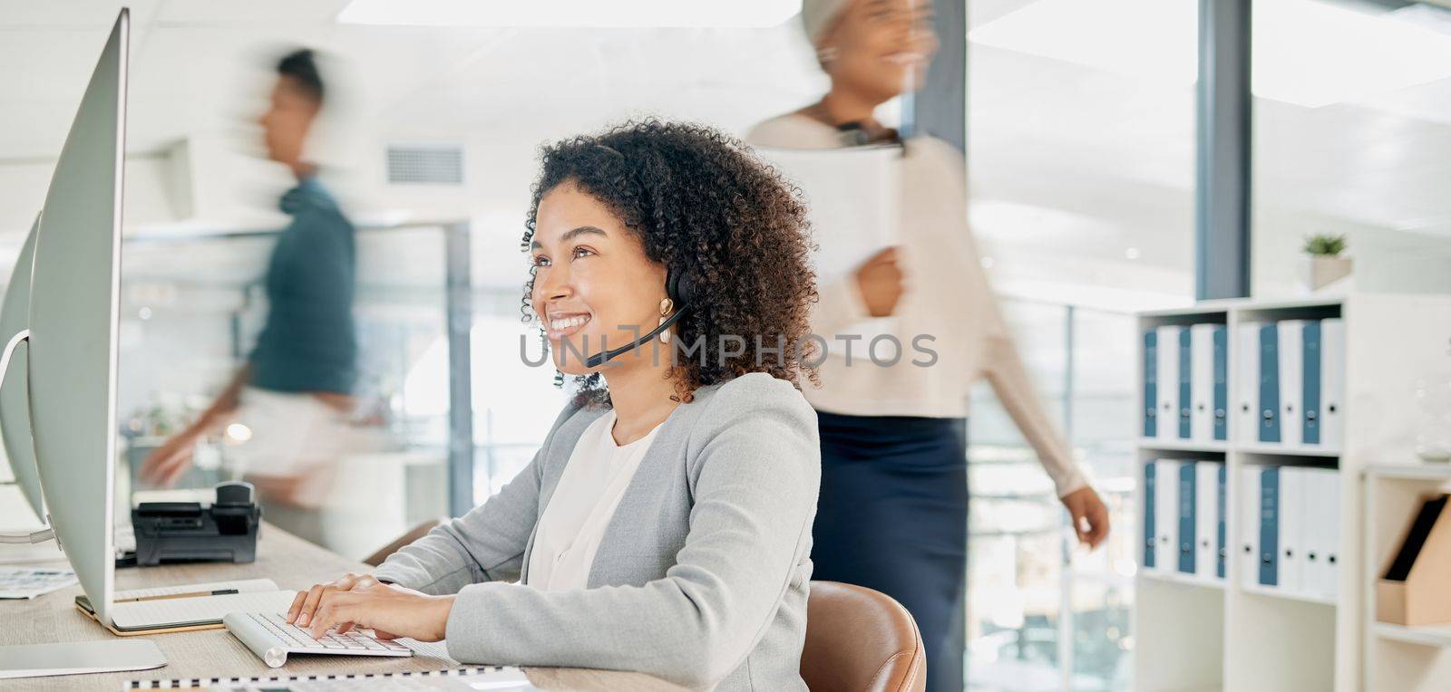 Black woman, call center and computer with CRM and contact us, phone call with customer service or telemarketing. Tech support, technology and office with communication and contact center employee