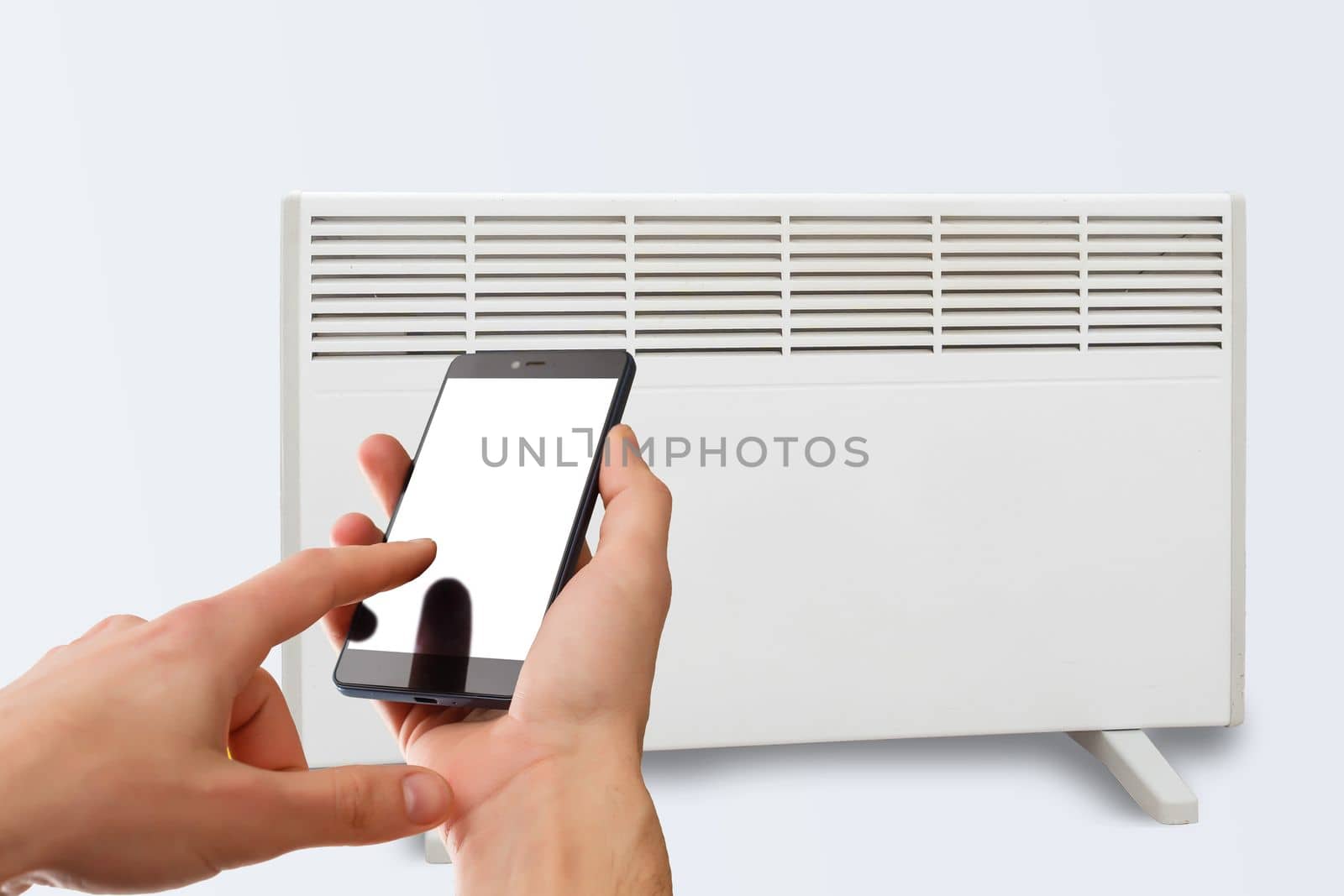 Smart heater convector control by phone app. Smart Home with the smart heating system. Electric panel heating concept