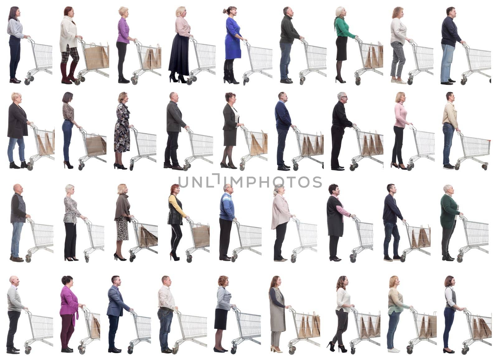 group of people with cart looking ahead isolated on white background