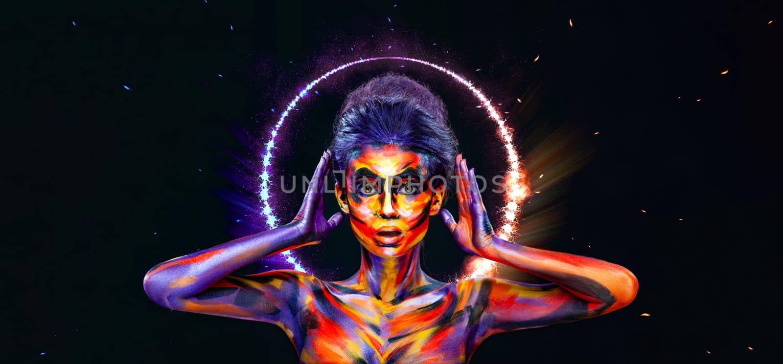 Girl in a glowing neon circle. Woman in color body painting on her face. Cover art for your mixtape, video, song or podcast. Design for book covers. by MikeOrlov