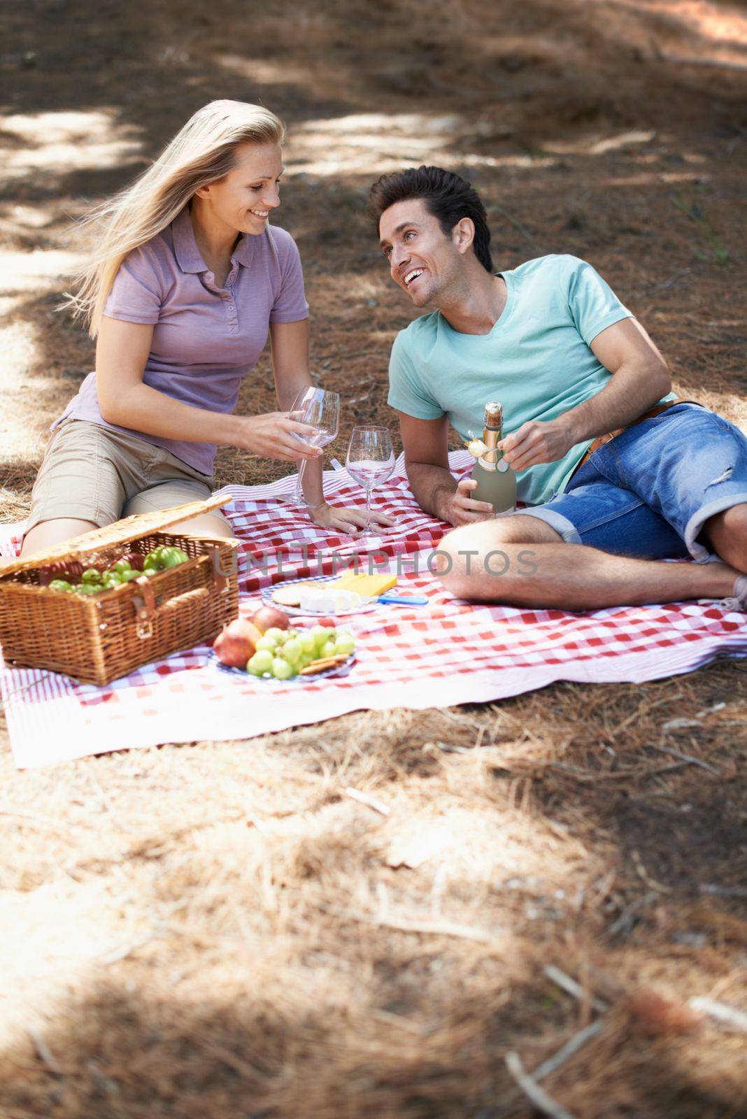 Nothing beats a romantic picnic. View of a happy young couple enjoying a romantic picnic in the woods. by YuriArcurs