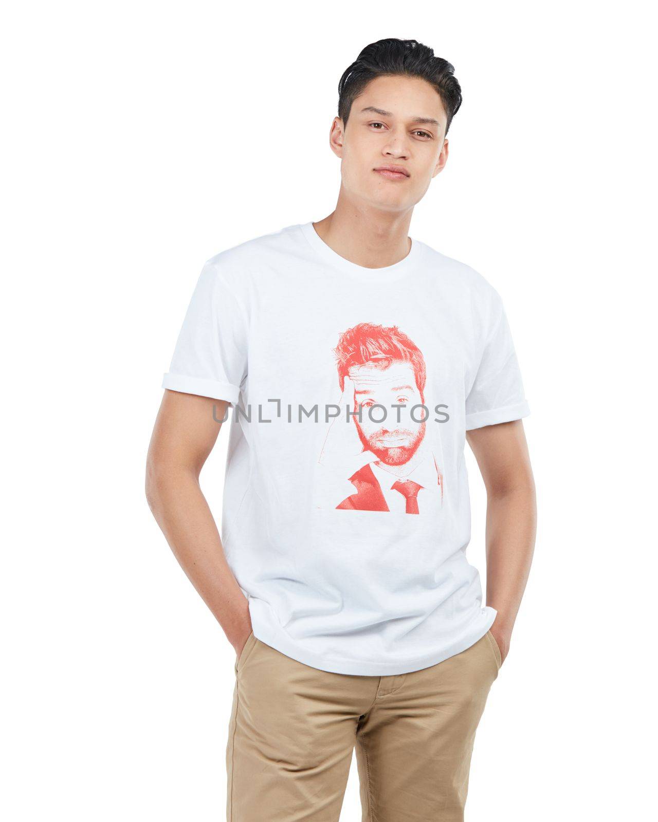 Cool, trendy and portrait of a handsome Asian man isolated on a white background in studio. Confidence, attractive and relaxed Japanese model in casual clothing for fashion on a studio background.