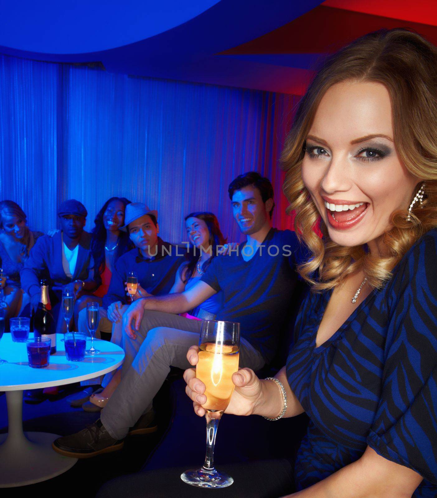 Friends, nightclub and drinks for party celebration portrait, birthday or new years social event. Happiness, excited nightlife and glass of champagne to celebrate happy friendship together in disco by YuriArcurs