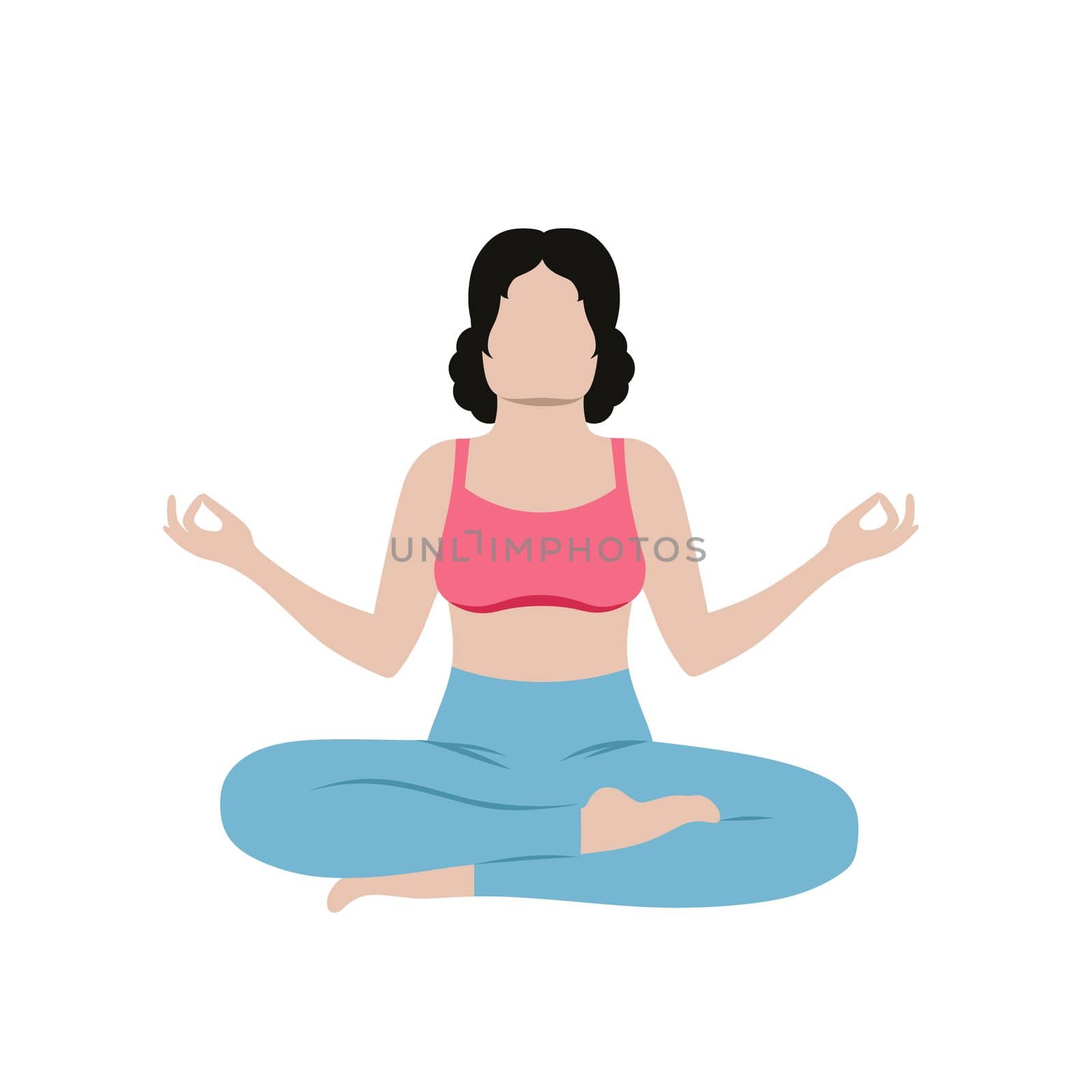 A beautiful girl is sitting in a Lotus position isolated on a white background. Vector flat cartoon illustration. The concept of fitness, yoga, charging, meditation. by polinka_art