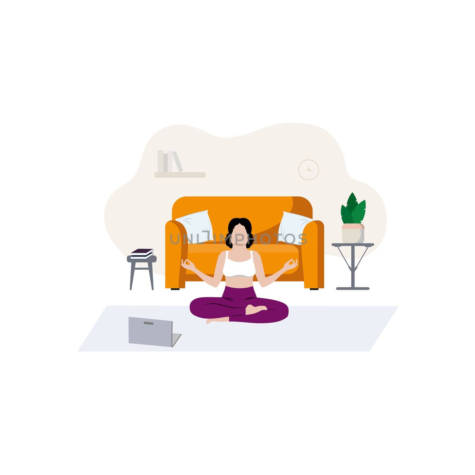 The girl does yoga without leaving the house. Online training at home. The concept of a healthy lifestyle, sports, proper nutrition. Beauty and health of the body. Vector stock illustration.