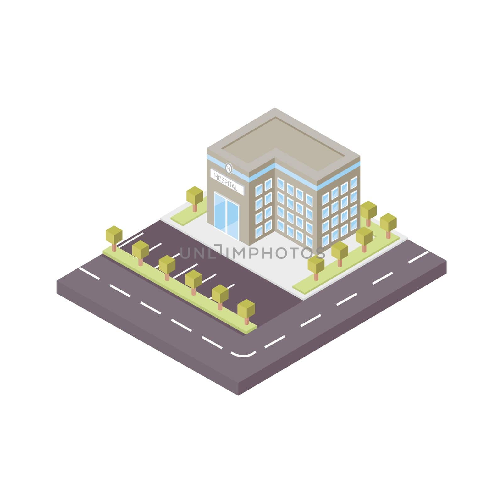 3D vector illustration of the volume. Hospital building with large Windows, Parking and road markings. Isometric 3D drawing on the theme of treatment and medicine. Multi-storey medical center. by polinka_art