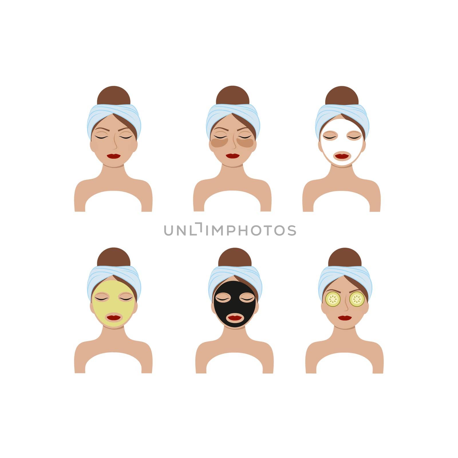 Set of vector icons for a beauty salon on a white background. A beautiful girl takes care of the skin of the face, applies cream, masks, cleanses the skin. Advertising cosmetics, Cosmetology, Spa