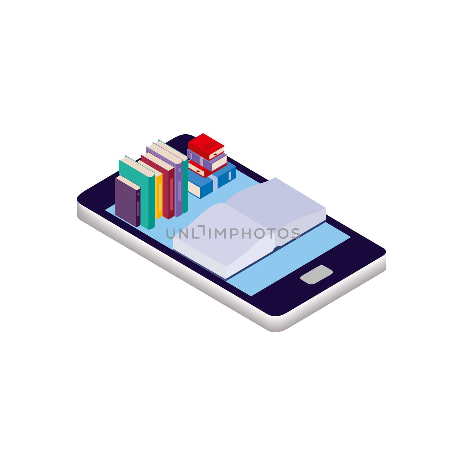 Vector cartoon isometric illustration isolated on a white background. Smartphone, books and reading. The concept of reading online, e-books and online libraries. Logo design, website reader